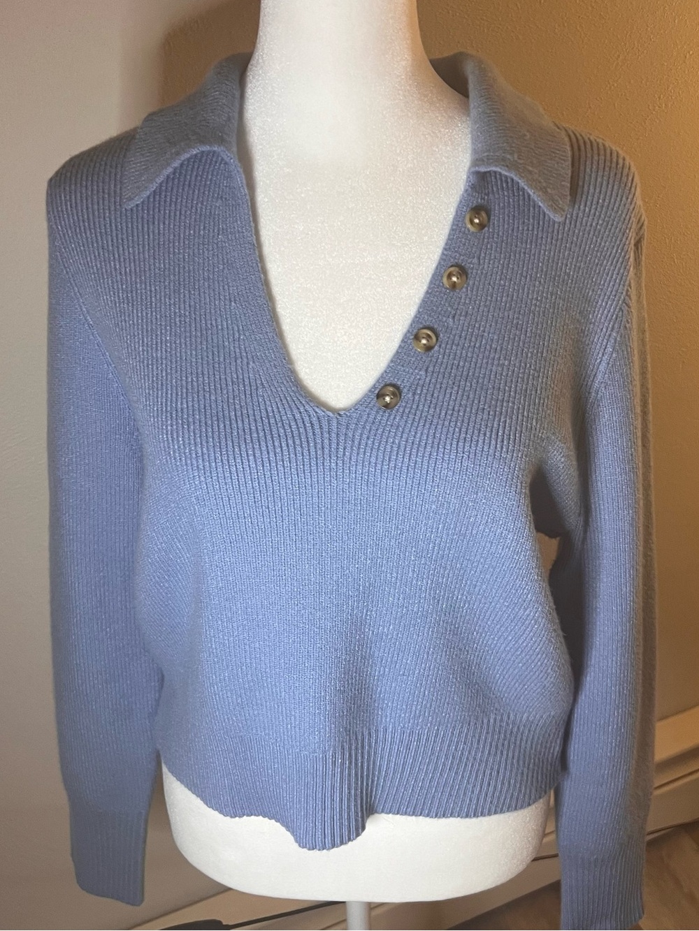 Ribbed V-Neck Button-Detail Sweater in Dusty Blue